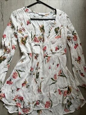 Flynn Skye White Floral Tie-Front Tunic style mini dress  with Pink & Green Prin
